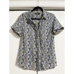 Eddie Bauer Blue, Yellow, White, Black Floral Ruffled Button-Up Large Blouse